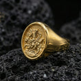 Load image into Gallery viewer, Gold plated St Mark signet ring on volcanic rock, winged lion Christian jewelry detailed view
