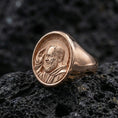 Load image into Gallery viewer, Rose gold plated Padre Pio ring on volcanic stone, Padre Pio portrait relief, Christian religious accessory
