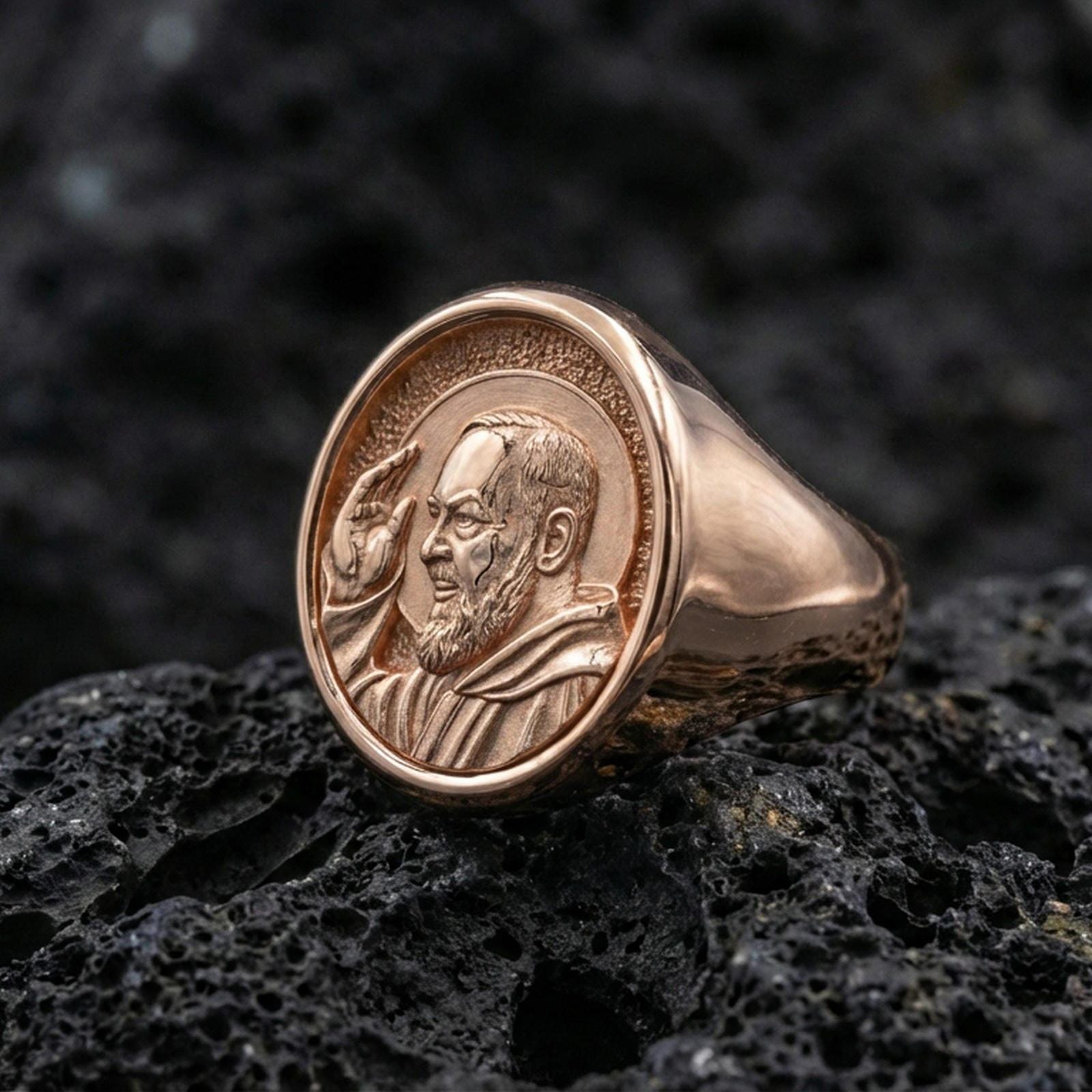 Rose gold plated Padre Pio ring on volcanic stone, Padre Pio portrait relief, Christian religious accessory