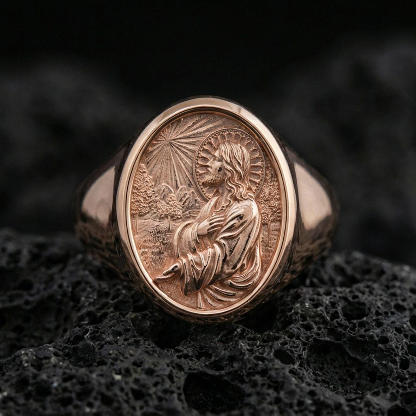 Rose gold plated Jesus Christ signet ring on volcanic stone, devotional Christian jewelry