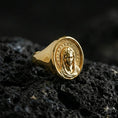 Load image into Gallery viewer, Gold plated Virgin Mary signet ring on dark volcanic rock, holy Mary portrait design, Christian jewelry gift
