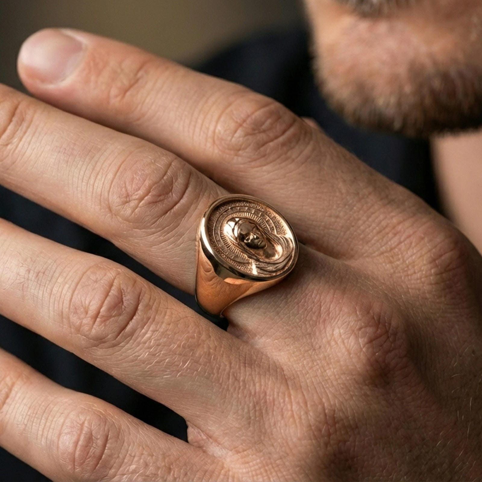 Rose gold plated Virgin Mary signet ring worn on finger, religious Madonna portrait, elegant Christian jewelry