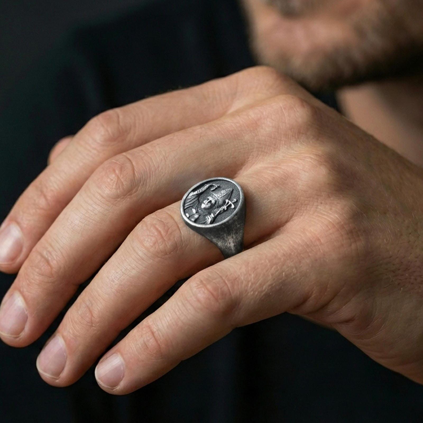 Oxidized 925 sterling silver Pope John Paul II ring worn on finger, Catholic portrait signet style, religious jewelry
