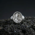 Load image into Gallery viewer, Polished silver Pope John Paul II ring on porous volcanic stone, detailed papal portrait engraving, Catholic signet ring
