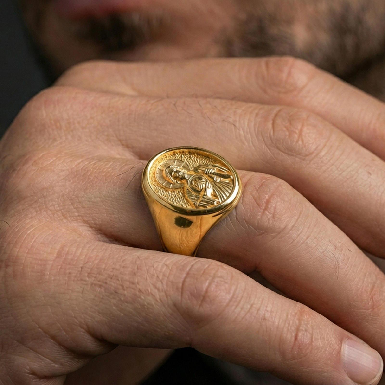 Gold plated Saint Jude ring worn on finger, meaningful Christian devotional gift ring