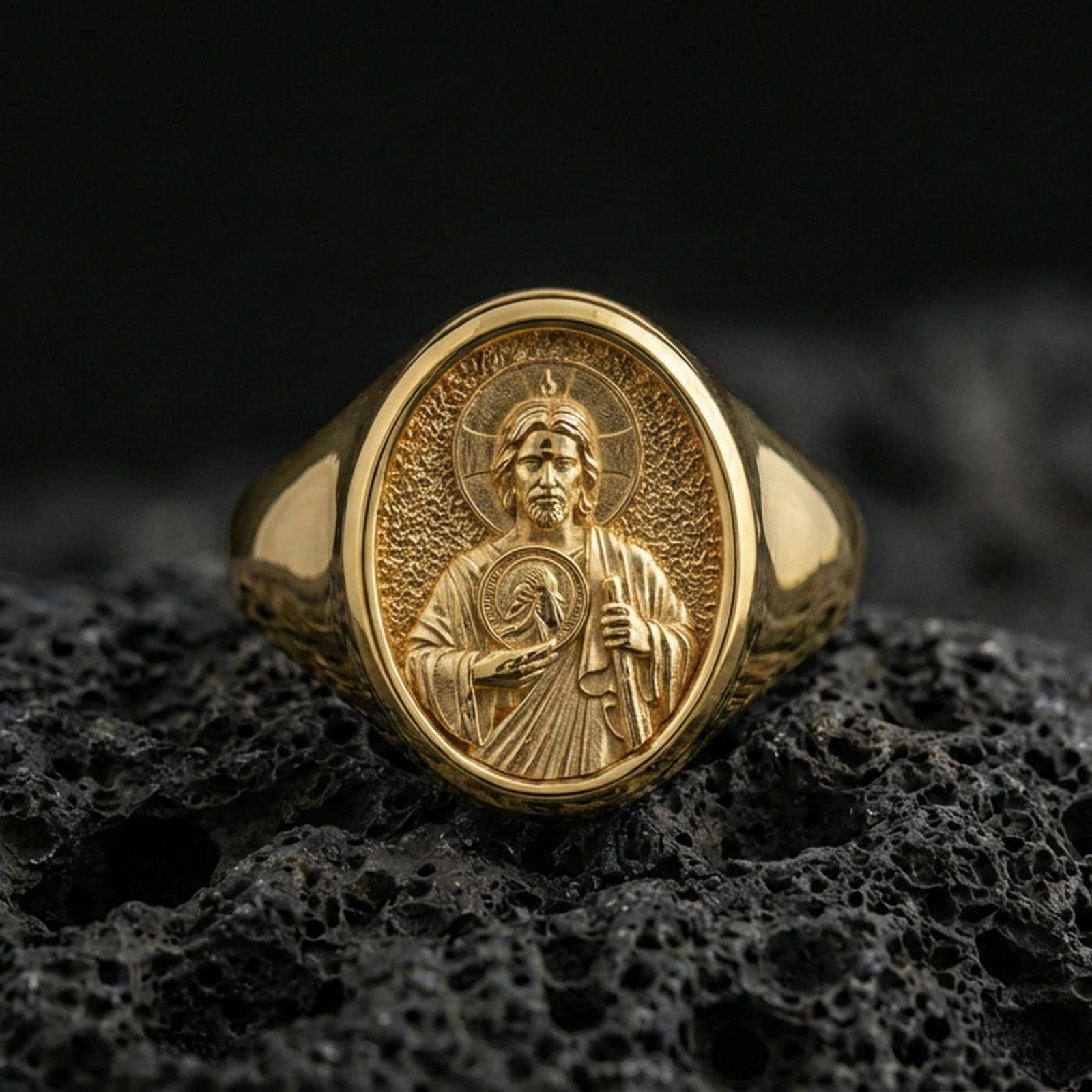 Gold plated Saint Jude ring on volcanic stone, religious signet ring with halo relief