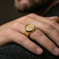 Load image into Gallery viewer, Gold plated St Francis ring worn on finger, meaningful Christian devotional gift ring
