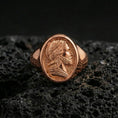 Load image into Gallery viewer, Rose gold plated Jesus signet ring on volcanic rock, Christ profile devotional jewelry
