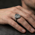 Load image into Gallery viewer, Oxidized 925 sterling silver Jesus Shepherd ring worn on finger, sacred portrait signet style, Christian jewelry

