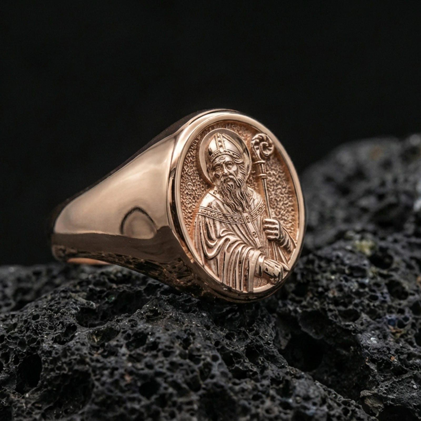 Rose gold plated Saint Benedict signet ring on volcanic stone, saint portrait signet design, faith jewelry
