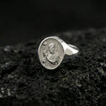 Load image into Gallery viewer, Polished silver Saint John the Baptist signet ring on porous volcanic stone, detailed saint engraving, religious signet ring
