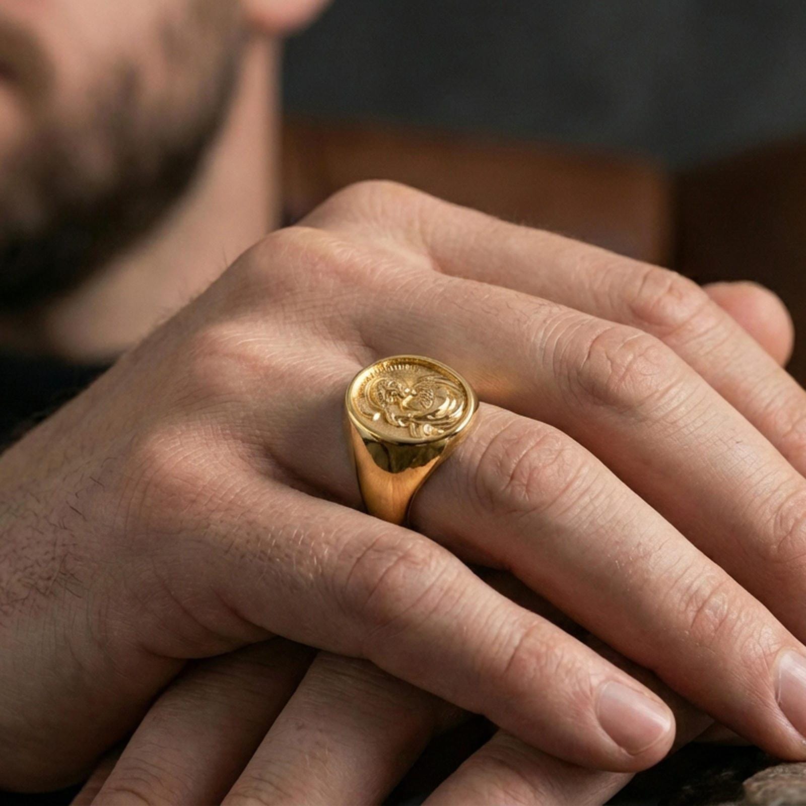 Gold plated Saint John the Baptist signet ring worn on finger, Christian symbol jewelry, statement signet ring
