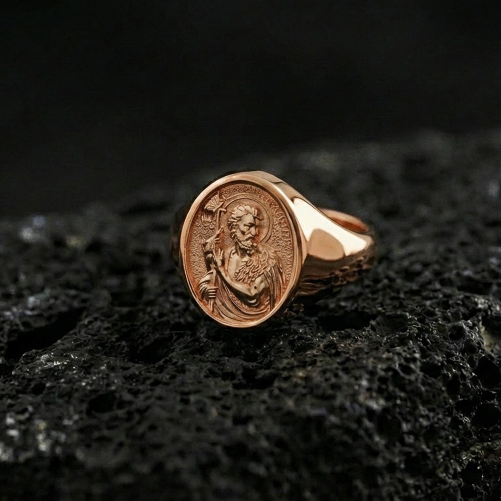 Rose gold plated Saint John the Baptist signet ring on volcanic stone, devotional saint signet design, faith accessory