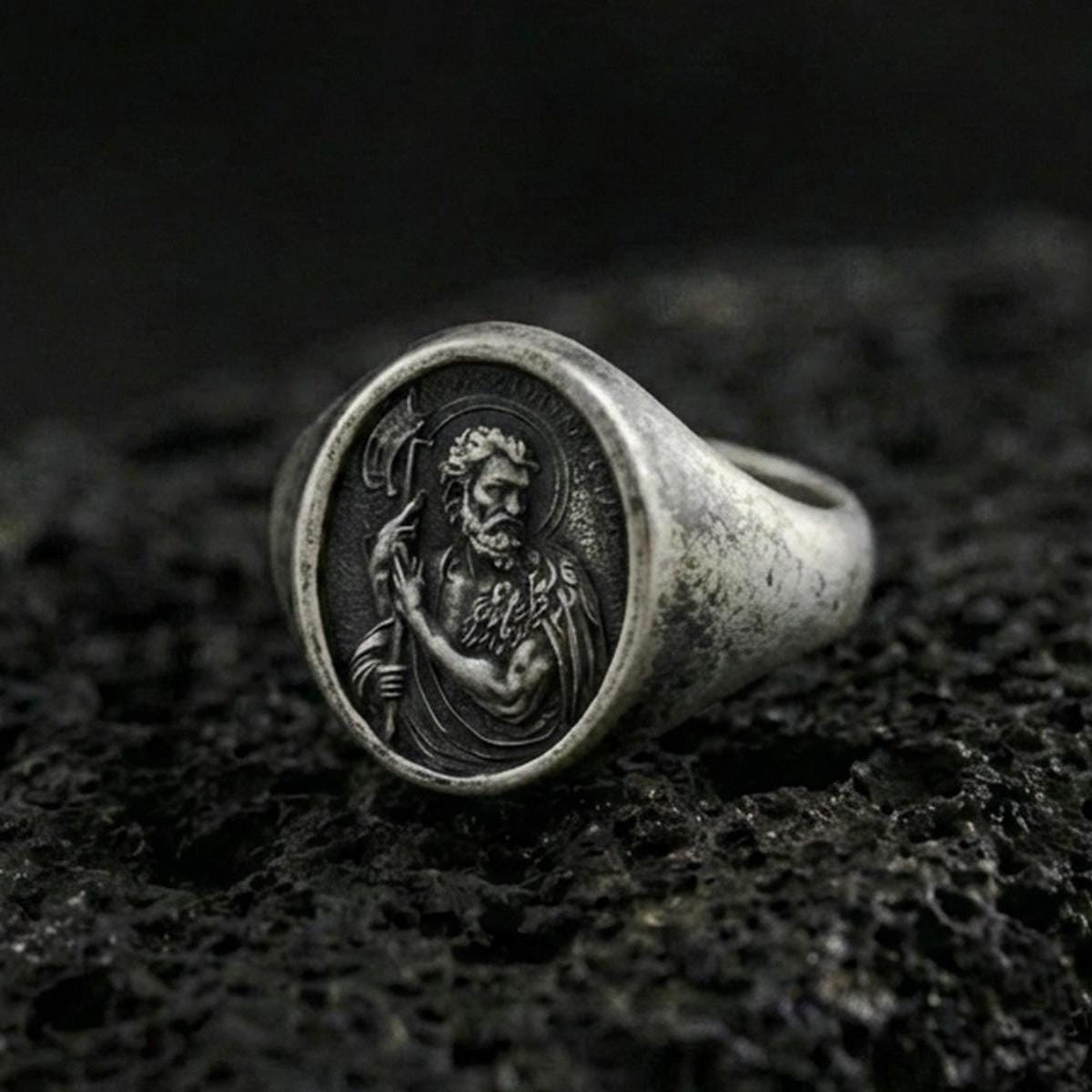Oxidized 925 sterling silver Saint John the Baptist signet ring on volcanic rock, religious portrait relief, Catholic jewelry