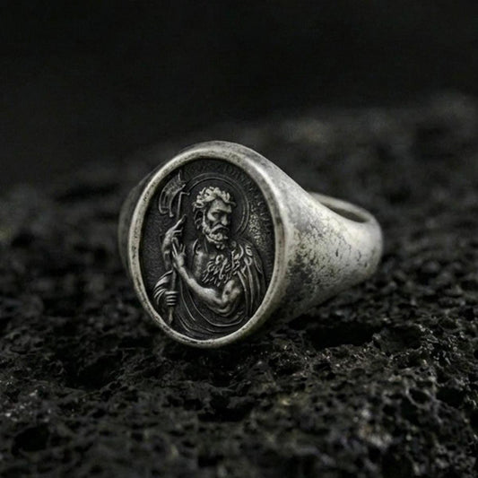 Oxidized 925 sterling silver Saint John the Baptist signet ring on volcanic rock, religious portrait relief, Catholic jewelry