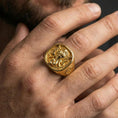 Load image into Gallery viewer, Gold plated Lord Ganesha signet ring worn on finger, Hindu deity symbol jewelry, bold everyday ring
