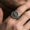 Load image into Gallery viewer, Oxidized 925 sterling silver Knights Templar signet ring worn on finger, Sigillum Militum Xpisti seal, bold statement ring
