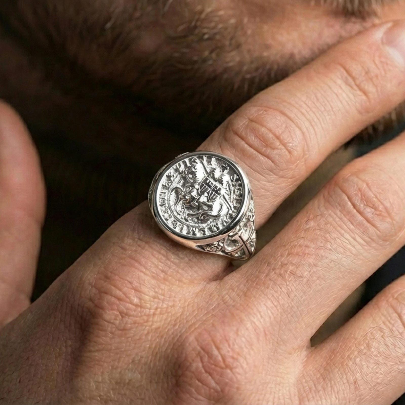 Polished silver Knights Templar ring worn on finger, Templar seal signet, medieval heritage style jewelry