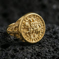 Load image into Gallery viewer, Gold plated Knights Templar signet ring on dark volcanic rock, Sigillum Militum Xpisti emblem, gothic medieval jewelry
