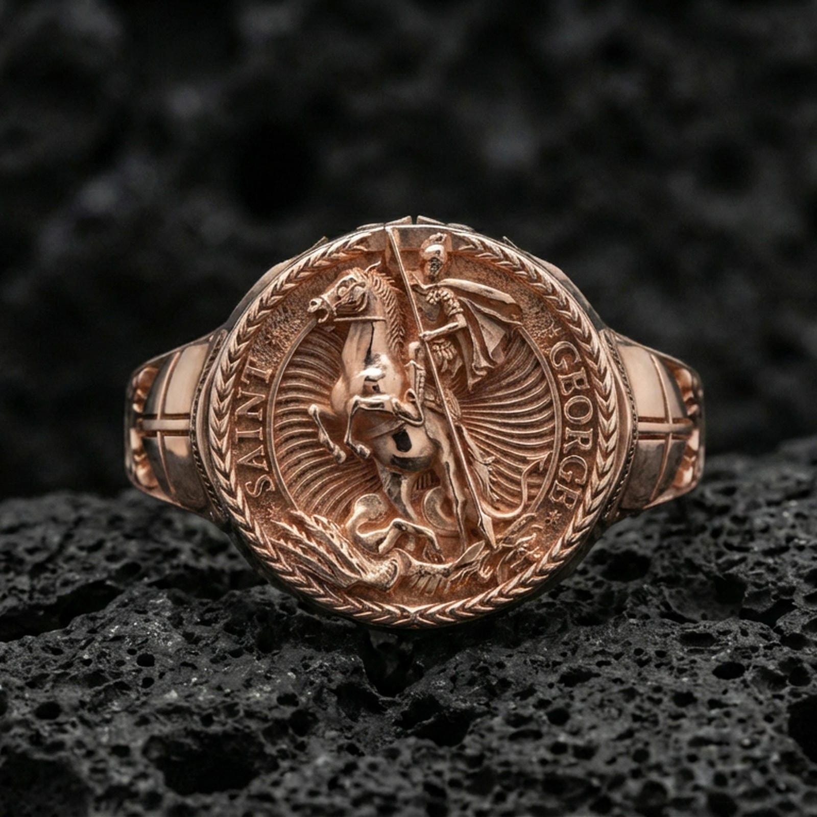 Rose gold plated St. George dragon signet ring on volcanic stone, medieval knight seal ring, Christian warrior symbol
