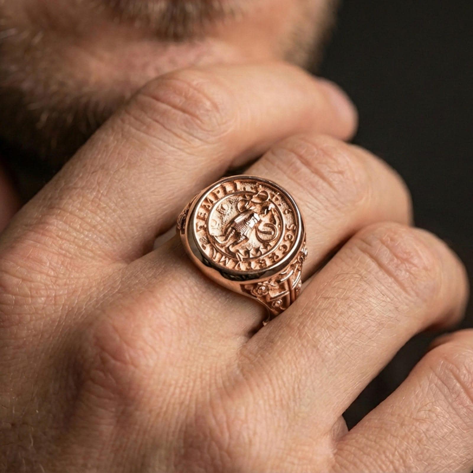 Rose gold plated Secretum Templi Templar ring worn on finger, medieval sigil seal ring, gothic statement jewelry