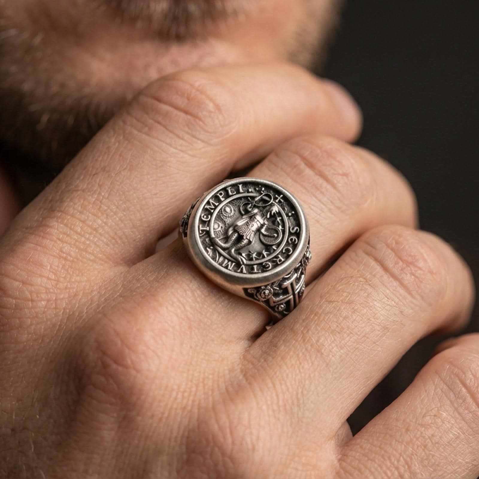 Oxidized 925 sterling silver Knights Templar Secretum Templi ring worn on finger, medieval crusader seal signet