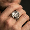 Load image into Gallery viewer, Polished silver Secretum Templi Templar signet ring worn on finger, medieval sigil ring, bold statement style
