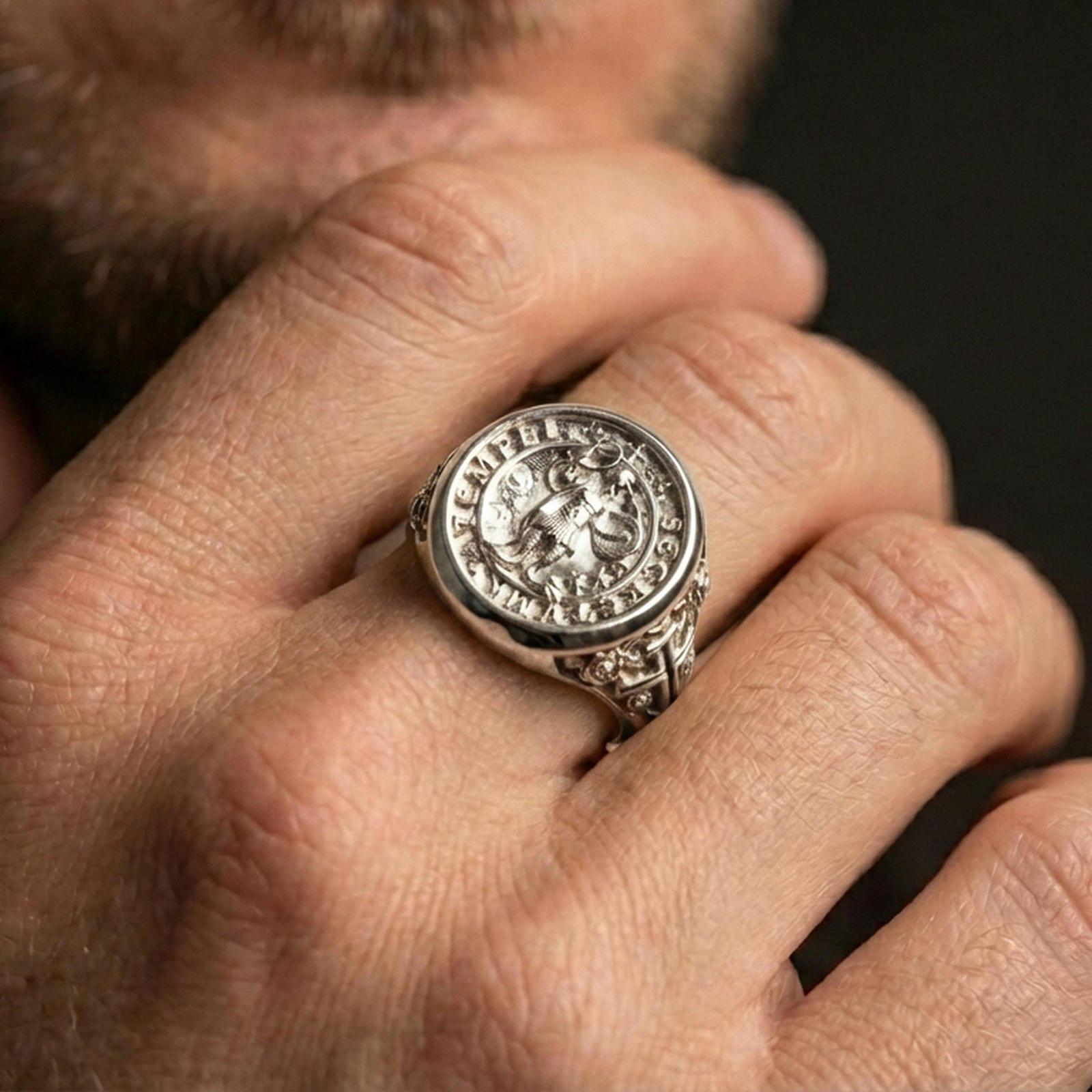 Polished silver Secretum Templi Templar signet ring worn on finger, medieval sigil ring, bold statement style