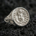 Load image into Gallery viewer, Polished silver Secretum Templi Templar ring on porous volcanic stone, medieval seal signet, crusader emblem
