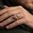 Load image into Gallery viewer, Rose gold plated skull mandala ring worn on finger, ornate mandala skull design, alternative fashion ring

