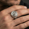 Load image into Gallery viewer, Polished silver cathedral window ring worn on finger, ornate filigree detailing, classic gothic accessory
