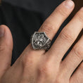 Load image into Gallery viewer, Oxidized 925 sterling silver Saint George dragon slayer ring worn on finger, medieval shield signet ring, Christian symbol jewelry
