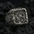 Load image into Gallery viewer, Oxidized 925 sterling silver St George dragon slayer ring on volcanic rock, ornate knight signet with Celtic cross side
