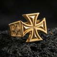 Load image into Gallery viewer, Gold plated sterling silver iron cross signet ring on dark volcanic rock, raised cross centerpiece, statement jewelry
