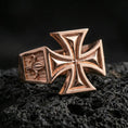 Load image into Gallery viewer, Rose gold plated iron cross ring on volcanic stone, bold cross relief signet, clean angular edges
