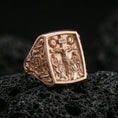 Load image into Gallery viewer, Rose gold plated INRI cross ring on volcanic stone, rectangular crucifixion signet design, vintage religious statement ring
