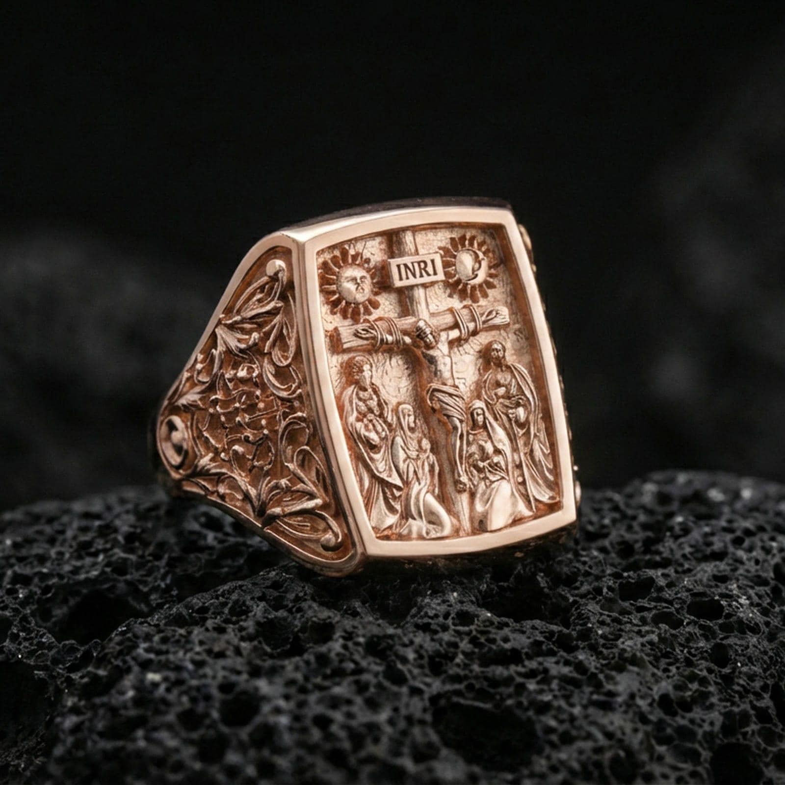 Rose gold plated INRI cross ring on volcanic stone, rectangular crucifixion signet design, vintage religious statement ring