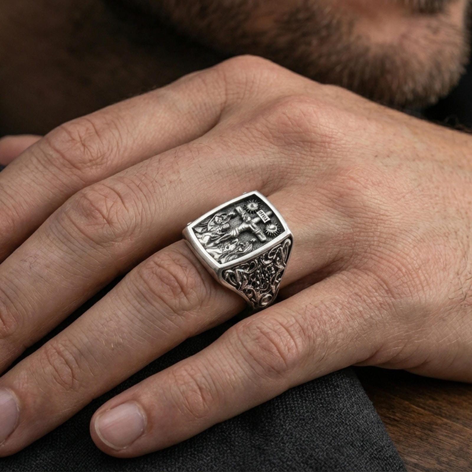 Oxidized 925 sterling silver INRI crucifix signet ring worn on finger, detailed Jesus on cross relief, vintage Christian jewelry