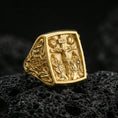 Load image into Gallery viewer, Gold plated sterling silver INRI crucifix signet ring on dark volcanic rock, raised Jesus cross relief, bold faith jewelry
