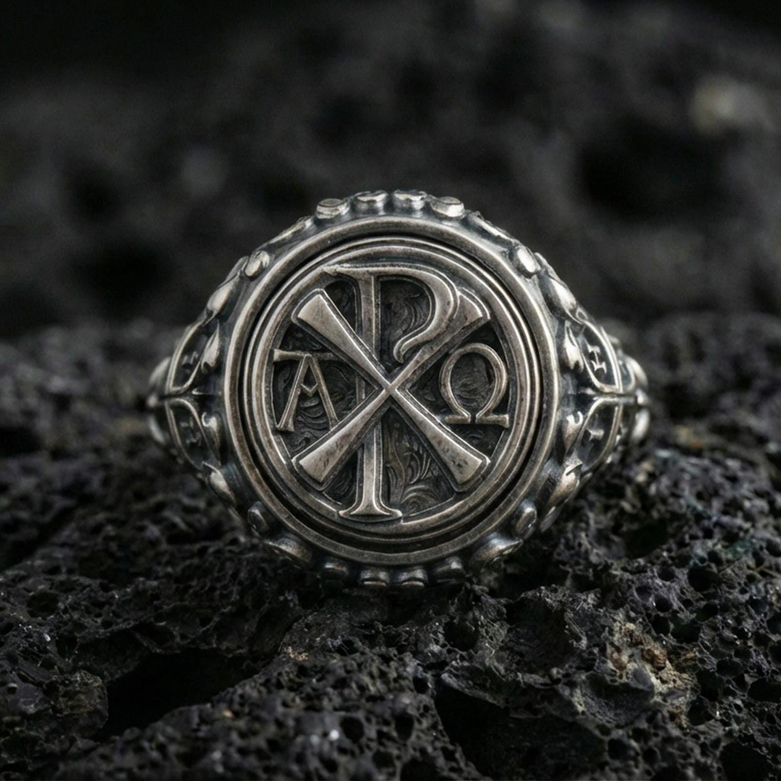Oxidized 925 sterling silver Chi Rho ring on volcanic rock, Alpha Omega Christian symbol, detailed round signet