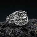 Load image into Gallery viewer, Polished silver baroque cross signet ring on porous volcanic stone, octagonal face, vintage engraved filigree
