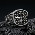 Load image into Gallery viewer, Oxidized 925 sterling silver baroque cross ring on volcanic rock, octagon signet face, ornate scrollwork detail
