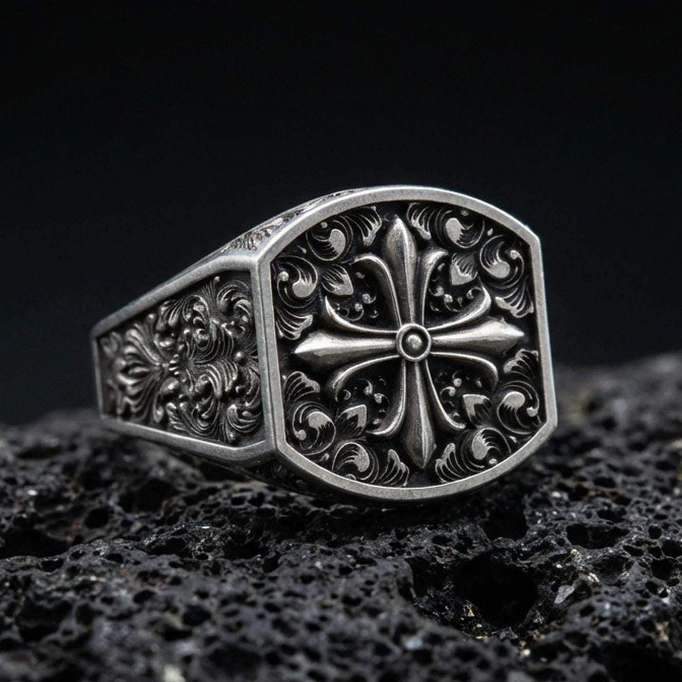 Oxidized 925 sterling silver baroque cross ring on volcanic rock, octagon signet face, ornate scrollwork detail