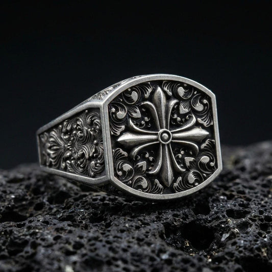 Oxidized 925 sterling silver baroque cross ring on volcanic rock, octagon signet face, ornate scrollwork detail