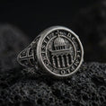 Load image into Gallery viewer, Oxidized 925 sterling silver Knights Templar signet ring on volcanic rock, Cristi de Templo cathedral seal, engraved cross sides
