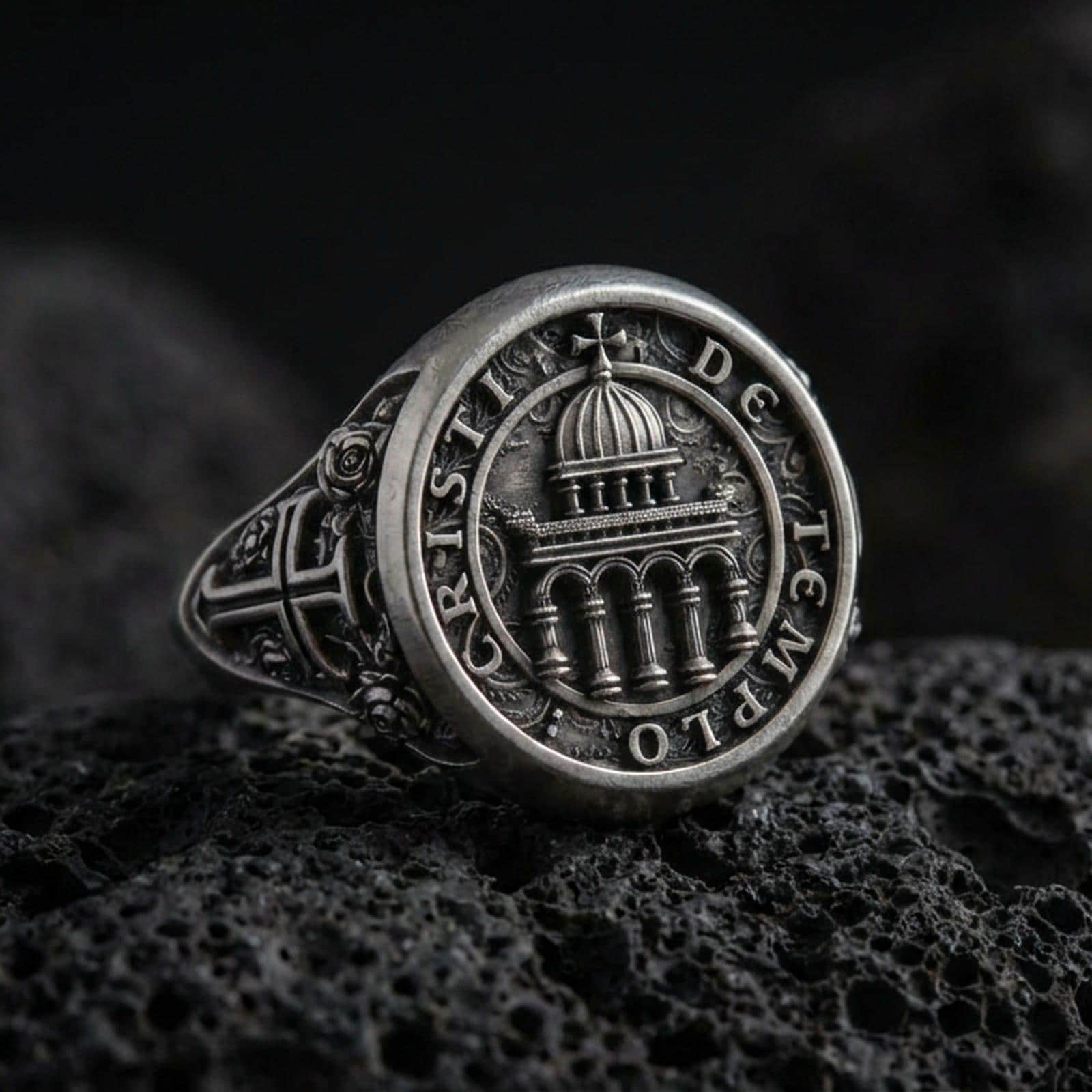 Oxidized 925 sterling silver Knights Templar signet ring on volcanic rock, Cristi de Templo cathedral seal, engraved cross sides
