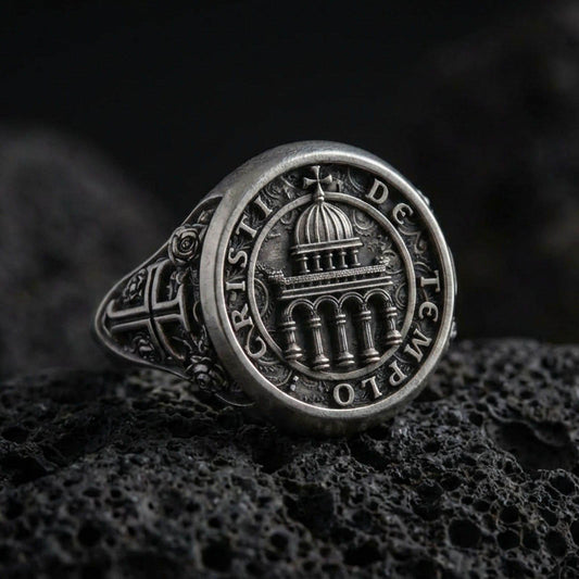 Oxidized 925 sterling silver Knights Templar signet ring on volcanic rock, Cristi de Templo cathedral seal, engraved cross sides