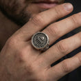 Load image into Gallery viewer, Oxidized 925 sterling silver Knights Templar signet ring worn on finger, Cristi de Templo cathedral seal, cross engraved sides
