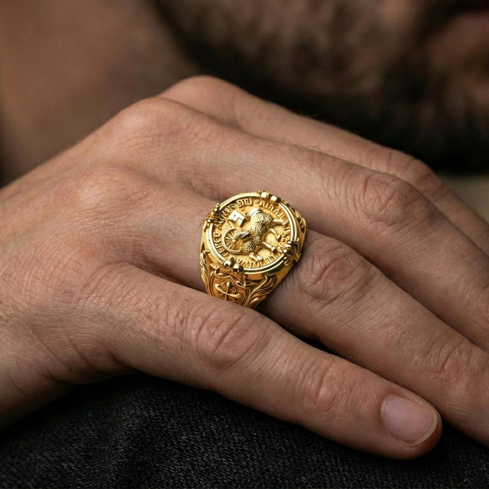 Gold plated Agnus Dei signet ring worn on finger, Lamb of God seal, Christian faith symbol jewelry with ornate side cross