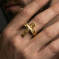 Load image into Gallery viewer, Gold plated Jesus crucifix ring worn on finger, Christian faith symbol ring, cross silhouette with engraved Jesus figure
